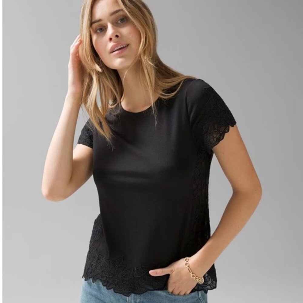 WHBM Embroidered Black Lace Tee Sz L